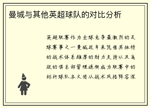 曼城与其他英超球队的对比分析